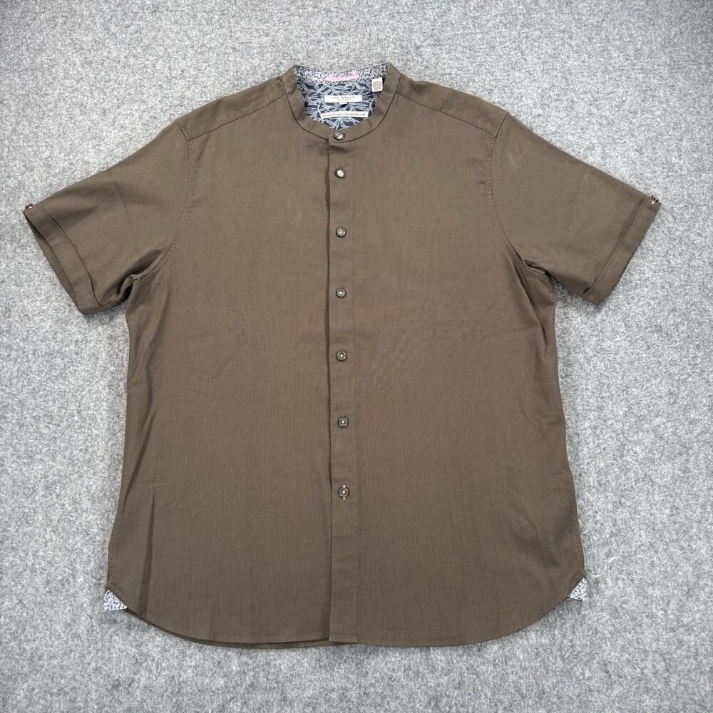 Ted Baker Short Sleeve Band Collar Button Shirt Brown Mens Size 6 XXL